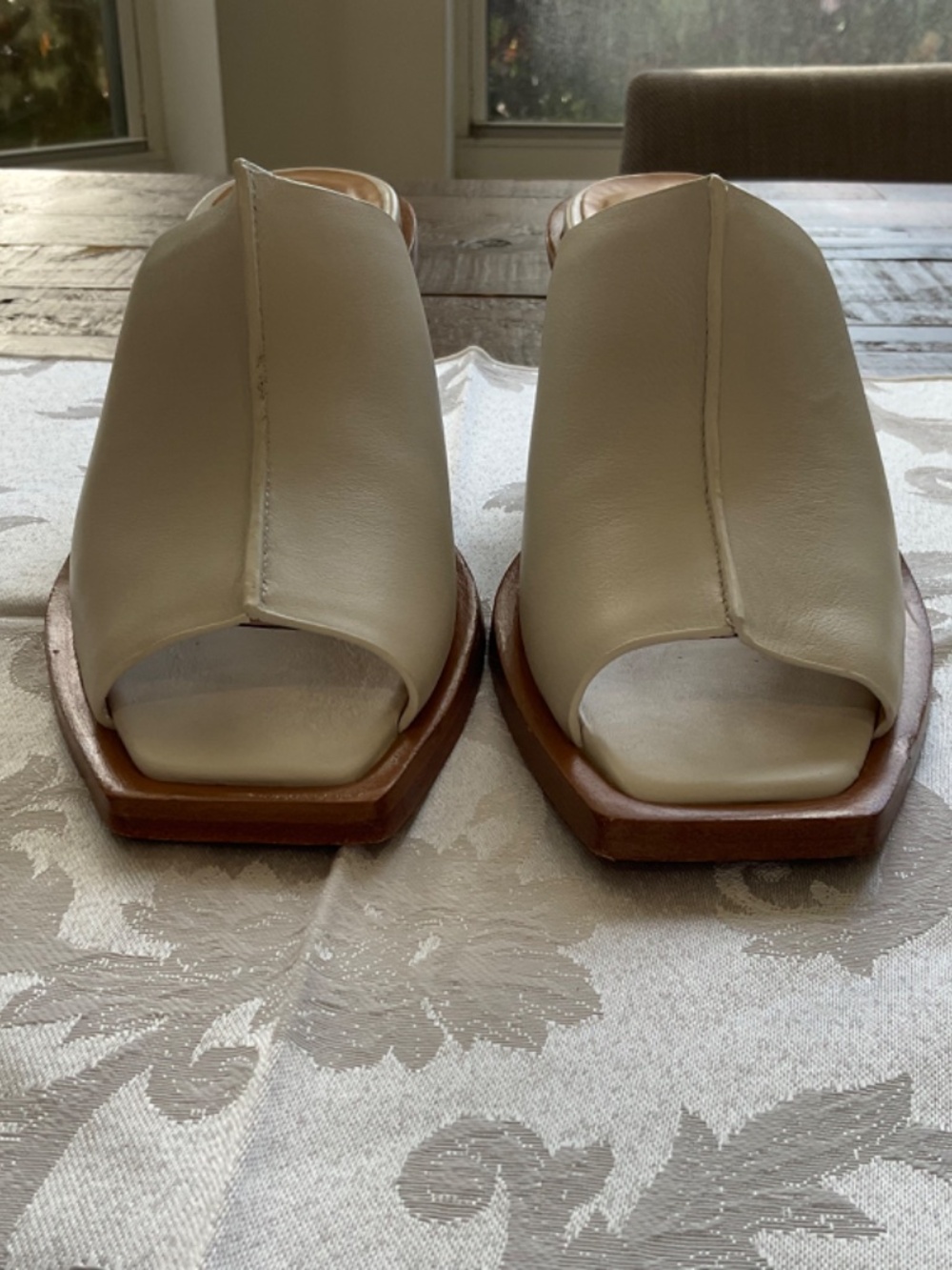 rag & bone Santiago Leather Square Toe Sculpted Wedge Mules in off-white leather